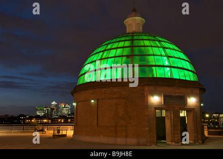 Greenwich Foot Tunnel Entrance and Canary Wharf across the River Thames Stock Photo