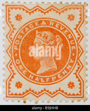 Close up of ½d, one half penny orange Victorian British Postal stamp on white background issued between 1887-1900, part of the 'Jubilee Issue'. Mint Stock Photo