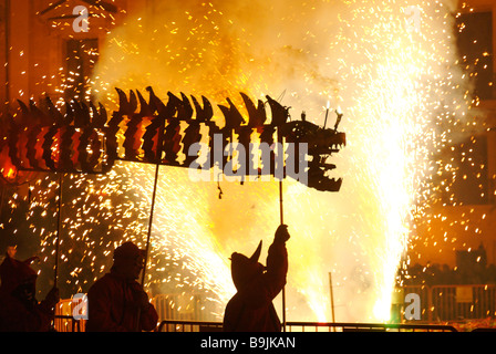 Firework parade Nit de Foc night of fire during Las Fallas festival in Valencia Spain Stock Photo