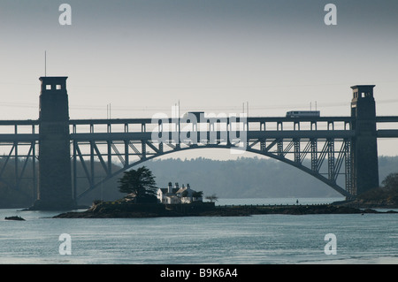 The Britannia Bridge across the Menai Straits to Anglesey north Wales UK Stock Photo