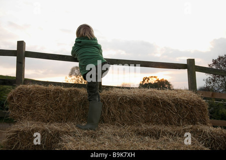Boy climbing on hay bales Stock Photo