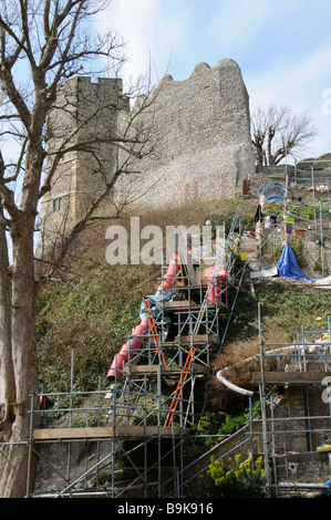 Lewes Castle in the county town of Lewes East Sussex southern England UK Building repair work being carried out during 2009 Stock Photo