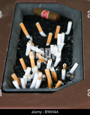 Cigarette butts in ashtray smoking nicotine cigar Stock Photo