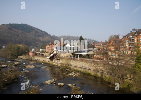 Llangollen Denbighshire North Wales UK March Looking across the River Dee to the railway station  eastern terminus of the preserved Llangollen Railway Stock Photo