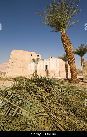 View of the first pylon at the Temple of Pharaoh Ramesses III, Medinet Habu, West Bank, Luxor, Egypt Stock Photo