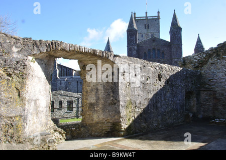 St Davids Cathedral from the ruins of the Bishops Palace Stock Photo