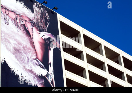 United States, Nevada, Las Vegas, The Strip, Bally' s, car park and advertising for a music hall show at Bally' s Hotel and Stock Photo