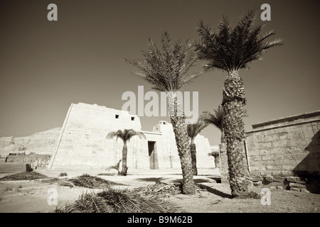 View of the first pylon at the Temple of Pharaoh Ramesses III, Medinet Habu, West Bank, Luxor, Egypt Stock Photo