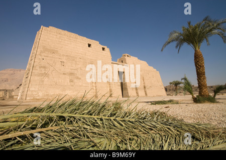 View of the first pylon at the Temple of Pharaoh Ramesses III, Medinet Habu, West Bank, Luxor, Egypt Stock Photo