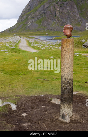 The statue 'Hodet' (The Head) by Marcus Raetz, Eggum, Vestvågøy, Lofoten, Nordland, Norway, Scandinavia, Europe Stock Photo