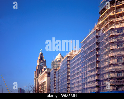 Scaffold on exterior of former Mersey Docks and Harbour building during renovation, Liverpool, UK Stock Photo