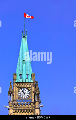 Clock of the Peace Tower in the Centre Block of the Parliament Buildings on Parliament Hill City of Ottawa Ontario Canada Stock Photo