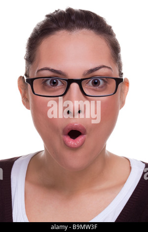 Attractive female with a shocked facial expression white background Stock Photo