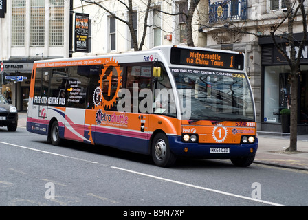 Free Metro shuttle bus on Deansgate Manchester city centre UK