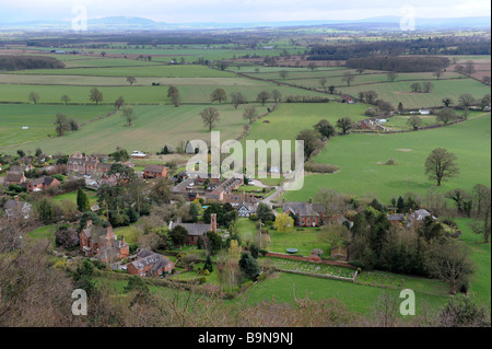 Aerial view of the village of Grinshill in North Shropshire England Uk with the Wrekin Hill on the horizon Stock Photo