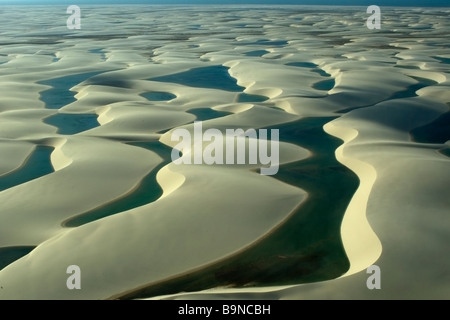 Aerial image of rain ponds in between sand dunes Lencois Maranhenses Maranhao Brazil Stock Photo
