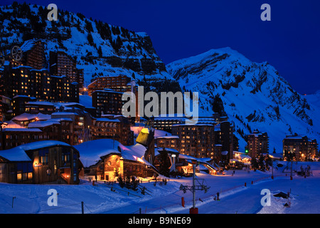 Nighttime view of the central part of the ski resort of Avoriaz in the french Alps of the Haute-Savoie France Stock Photo