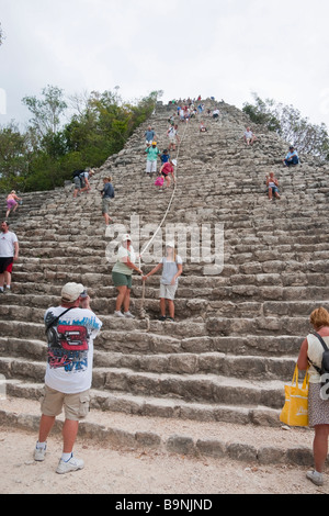 Mexico Yucatan 2009 Coba Mayan historic ruins complex - climbing the Nohoch Mul pyramid Stock Photo