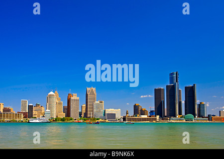 Skyline of the city of Detroit on the Detroit River in Michigan USA seen from the city of Windsor Ontario Canada Stock Photo