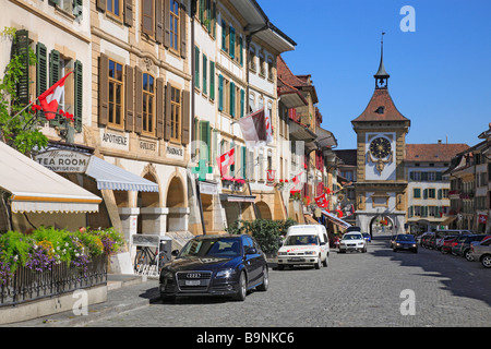 old town and Berntor of Murten Morat canton of Fribourg Switzerland Stock Photo