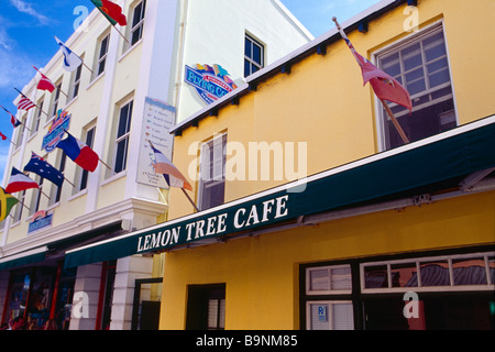 View of Colorful Buildings decorated with Flags Hamilton Bermuda Stock Photo