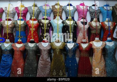 Saris on display at Tekka Market in Singapore. Stock Photo