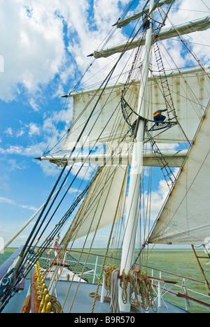 Rigging and deck of tall ship Abel Tasman crossing the Ijsselmeer Netherlands | Takelage und Deck des Rahseglers Abel Tasman Stock Photo