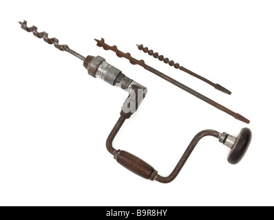 Vintage hand drill and bits Stock Photo