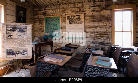 Desks in classroom Old Trail Town Cody Wyoming USA Stock Photo