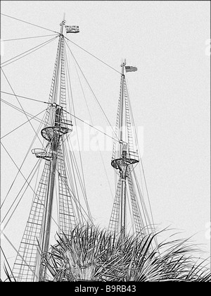 two masts of a three masted tall ship with palm tree in foreground using drawing technique from Photoshop Stock Photo