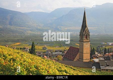 the church of St Quirikus and Julitta at Tramin Termeno sulla strada del vino with the highest steeple 86m of Trentino Italy Stock Photo