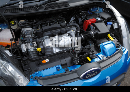 The diesel engine from the Ford Fiesta 1.6 TDCi ECOnetic, one of the greenest cars available in Europe at it's launch in 2009 producing only 98g/km CO2 with a combined fuel consumption of 3.7L/100km (76.3mpg). Stock Photo