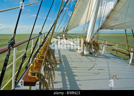 Rigging and deck of tall ship Abel Tasman crossing the Ijsselmeer Netherlands | Takelage und Deck des Rahseglers Abel Tasman Stock Photo