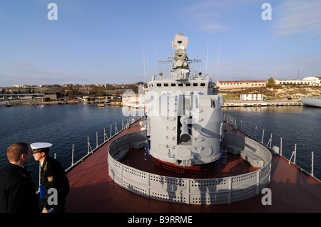 A big gun on a Russian warship from the Black Sea Fleet, in Sevastopol, Crimea, Ukraine. Stock Photo