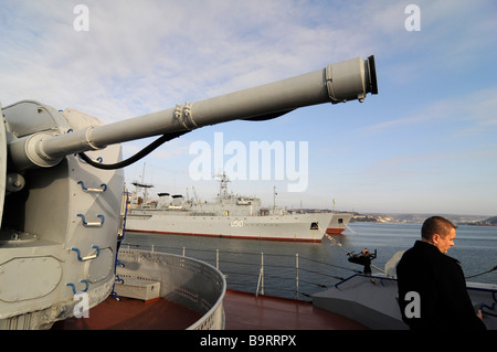 A big gun on a Russian warship from the Black Sea Fleet, in Sevastopol, Crimea, Ukraine. Stock Photo