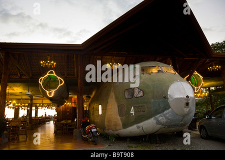 El Avion Restaurant in Manuel Antonio, Costa Rica is constructed around a 1954 Fairchild C-123 plane. Stock Photo
