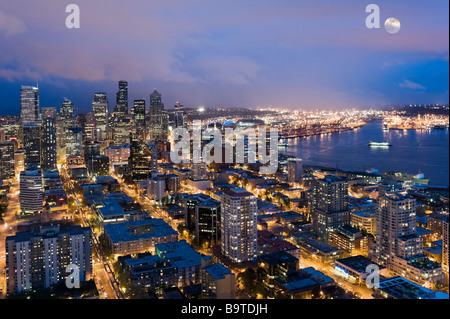 View over Elliott Bay and the city at night from the top of the Space Needle, Seattle, Washington, USA Stock Photo