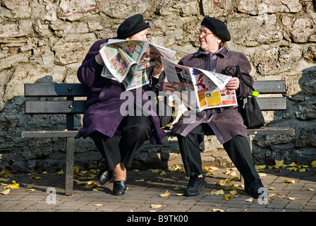 Two women reading the newspapers and chatting on a bench under the sun, Riga, Latvia, Europe Stock Photo