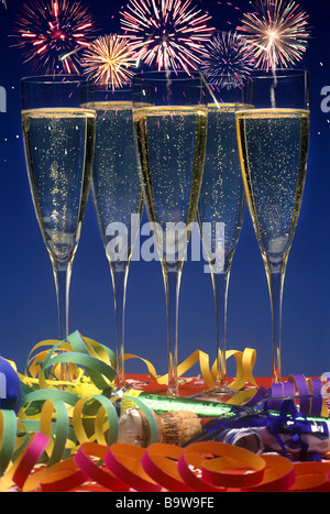 ROW OF CHAMPAGNE GLASSES NEW YEARS EVE STILL LIFE Stock Photo