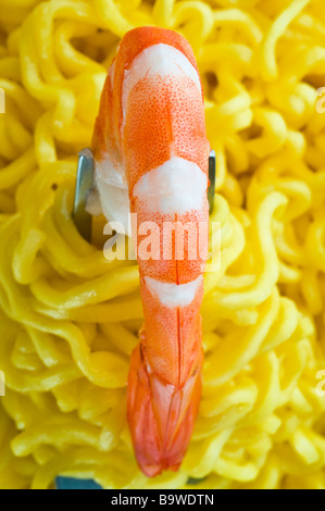 fork with pasta and shrimp isolated on white Stock Photo