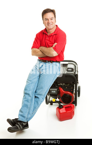 Confident man with his electric generator is ready for the storm Isolated on white  Stock Photo
