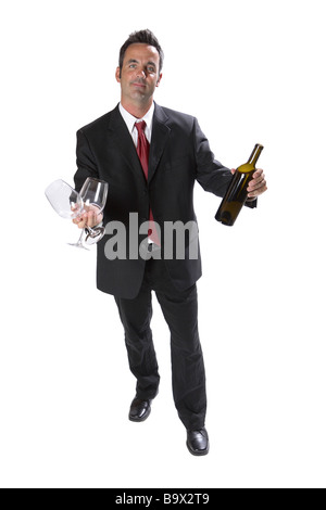 Businessman with wine and glasses isolated on white Stock Photo