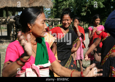 Traditional Dancing of Mishing Tribe Villagers, Assam, India Stock Photo