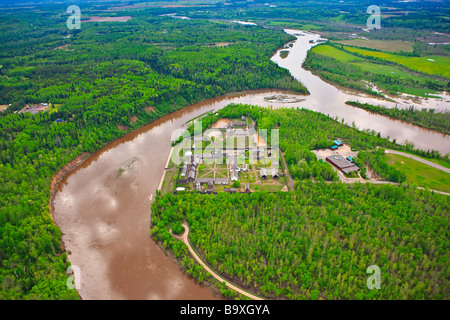 Fort William Historical Park on the bank of the Kaministiquia River in the city of Thunder Bay after spring flooding,Ontario. Stock Photo