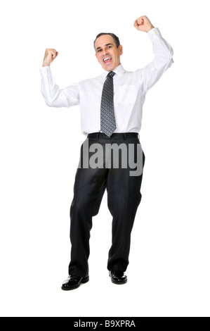 Happy celebrating business man in suit isolated on white background Stock Photo