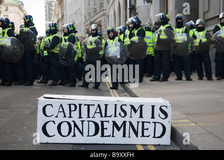 Credit Crunch  G20 protest outside Bank of England Threadneedle Street April 1st 2009 Coffin shaped box Capitalism is Condemned 2000s HOMER SYKES Stock Photo