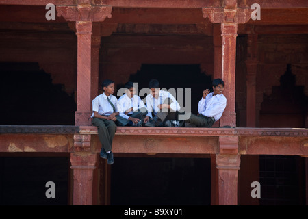 Group of Schoolboys in the Palace in Fatehpur Sikri India Stock Photo
