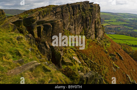 View of Hen Cloud from The Roaches near Leek in the Staffordshire Peak District in late autumn Stock Photo