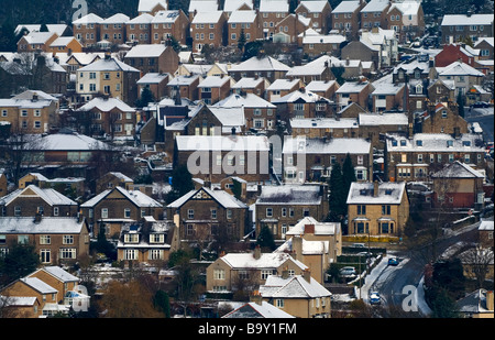 View of Matlock in Derbyshire Peak District England with snow on houses and buildings during severe winter weather Stock Photo