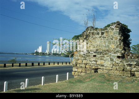 Ruins of Panama La Vieja, Paitilla skyscrapers in background, Panama City Stock Photo